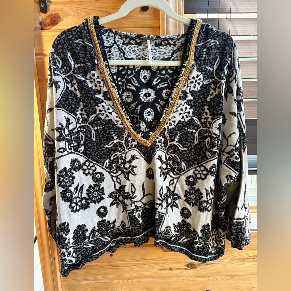 Free People - Black and White Floral deep V hoodie